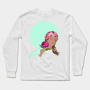 Girl in flower crown on mint background Long Sleeve T-Shirt